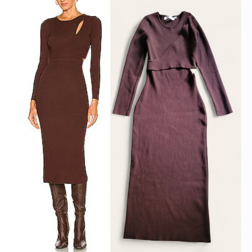 ASTR the Label Dark Brown Stretch Ribbed Knit Cutout Bodycon Midi Dress Medium